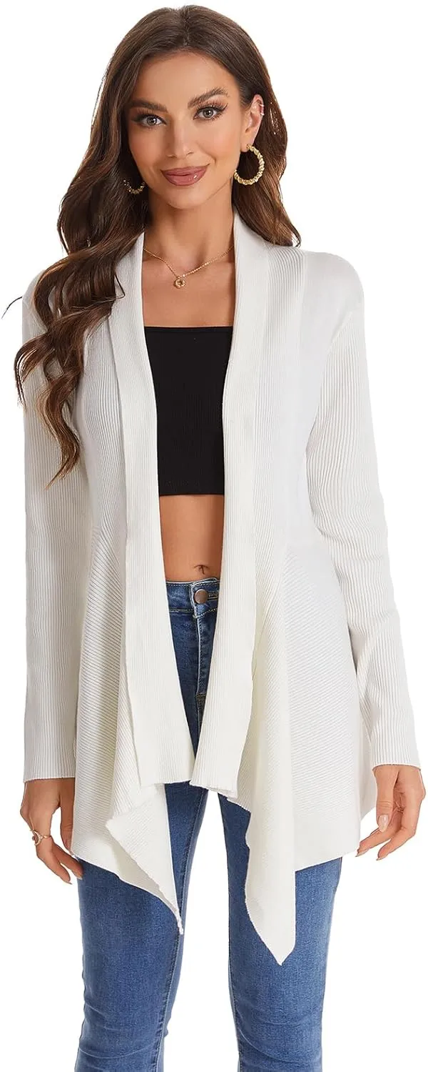 Women's Draped Open Front Cardigan, Long Sleeve Soft Ribbed Knit All-Season Outerwear with Irregular Hem