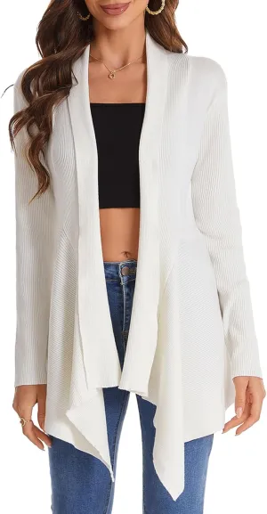 Women's Draped Open Front Cardigan, Long Sleeve Soft Ribbed Knit All-Season Outerwear with Irregular Hem
