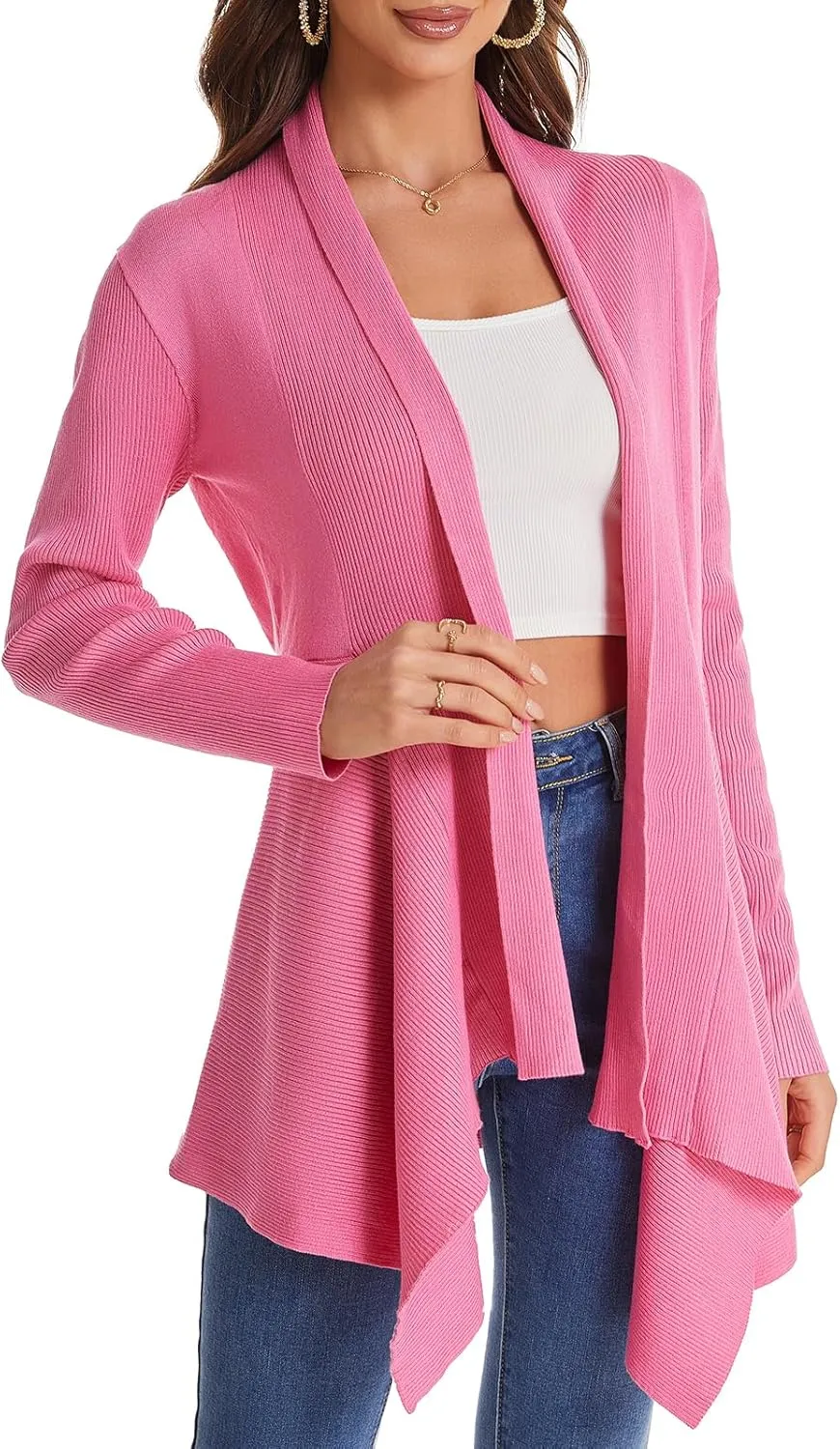 Women's Draped Open Front Cardigan, Long Sleeve Soft Ribbed Knit All-Season Outerwear with Irregular Hem