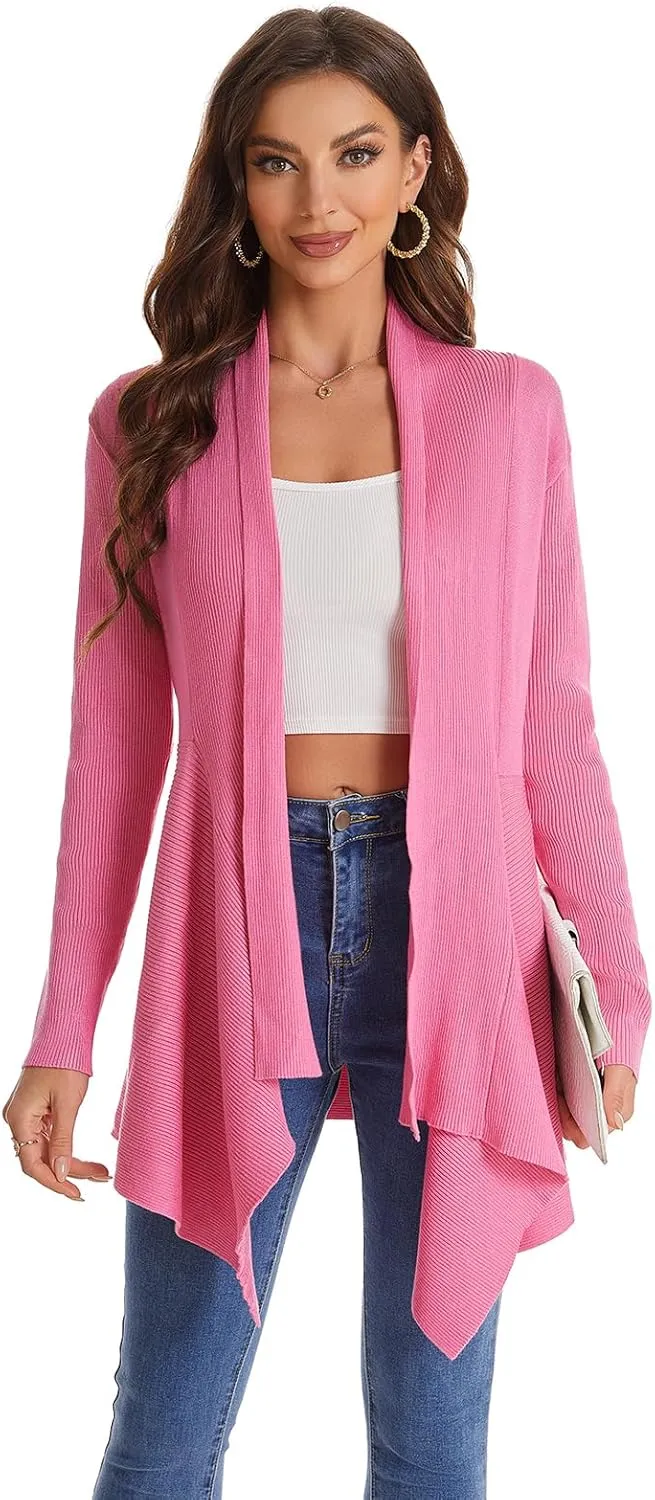 Women's Draped Open Front Cardigan, Long Sleeve Soft Ribbed Knit All-Season Outerwear with Irregular Hem