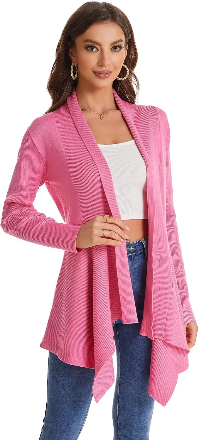 Women's Draped Open Front Cardigan, Long Sleeve Soft Ribbed Knit All-Season Outerwear with Irregular Hem
