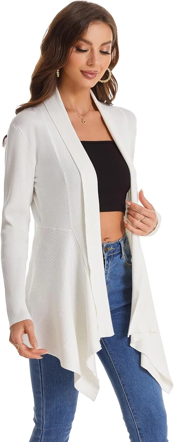 Women's Draped Open Front Cardigan, Long Sleeve Soft Ribbed Knit All-Season Outerwear with Irregular Hem