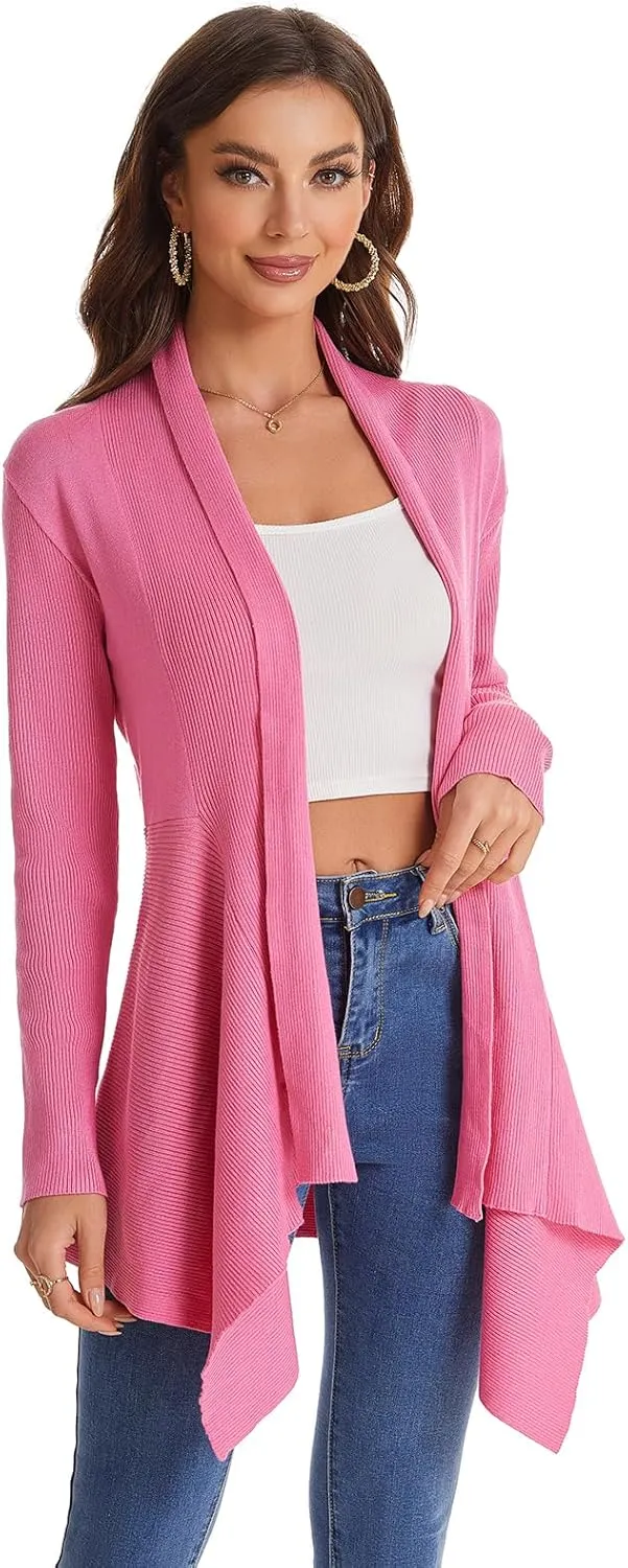 Women's Draped Open Front Cardigan, Long Sleeve Soft Ribbed Knit All-Season Outerwear with Irregular Hem
