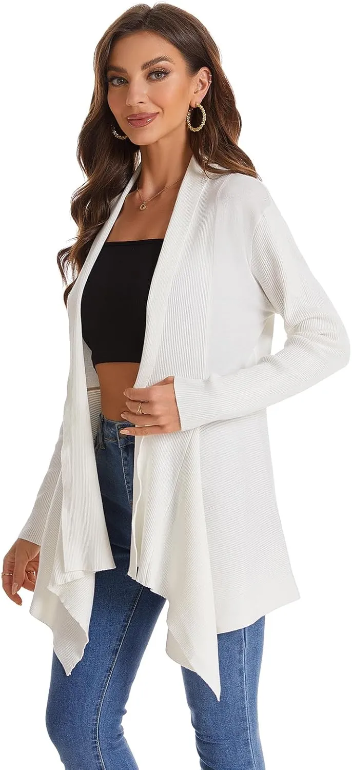Women's Draped Open Front Cardigan, Long Sleeve Soft Ribbed Knit All-Season Outerwear with Irregular Hem