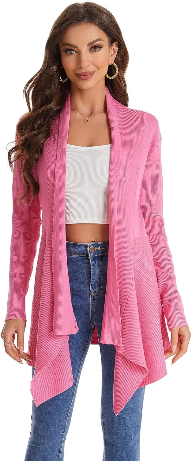 Women's Draped Open Front Cardigan, Long Sleeve Soft Ribbed Knit All-Season Outerwear with Irregular Hem
