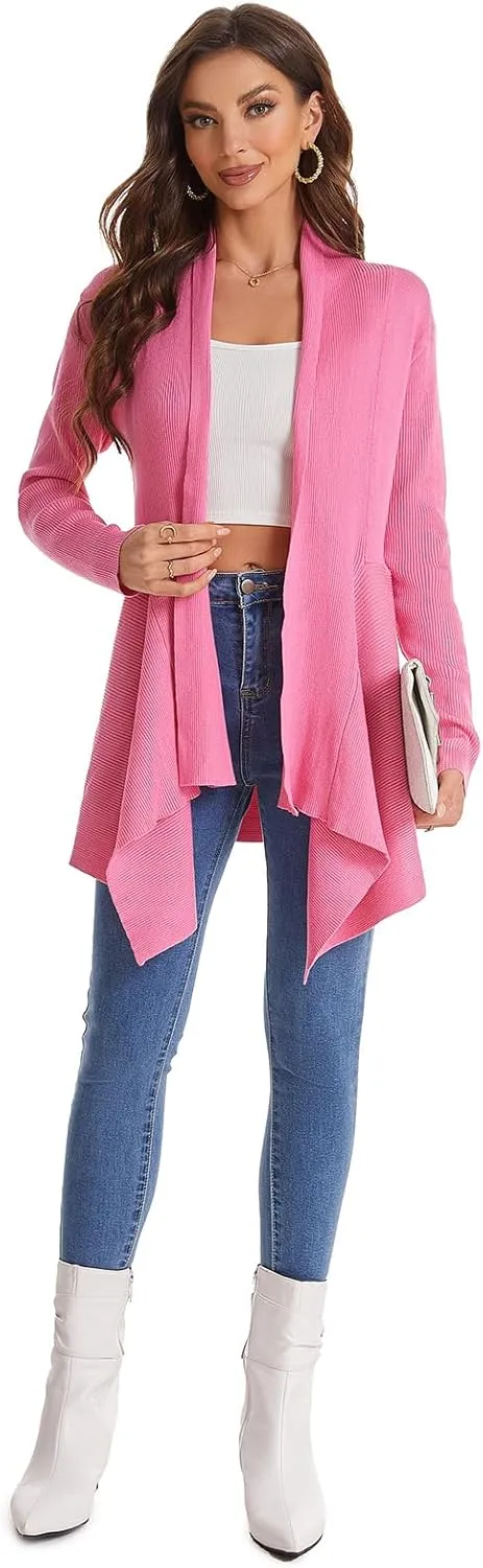 Women's Draped Open Front Cardigan, Long Sleeve Soft Ribbed Knit All-Season Outerwear with Irregular Hem