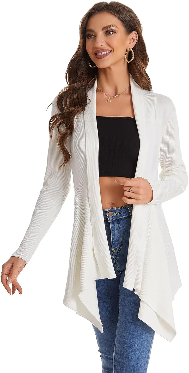Women's Draped Open Front Cardigan, Long Sleeve Soft Ribbed Knit All-Season Outerwear with Irregular Hem