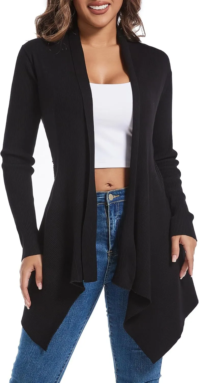 Women's Draped Open Front Cardigan, Soft Ribbed Knit Long Sleeve Irregular Hem All-Season Outerwear