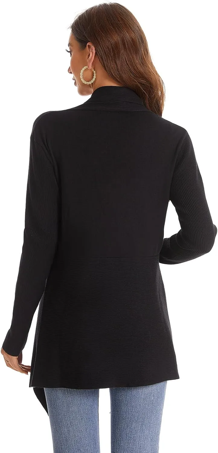 Women's Draped Open Front Cardigan, Soft Ribbed Knit Long Sleeve Irregular Hem All-Season Outerwear