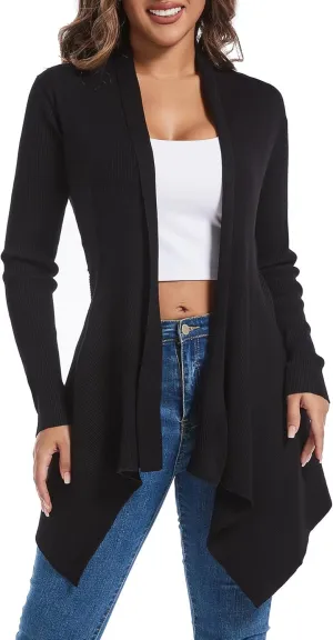 Women's Draped Open Front Cardigan, Soft Ribbed Knit Long Sleeve Irregular Hem All-Season Outerwear