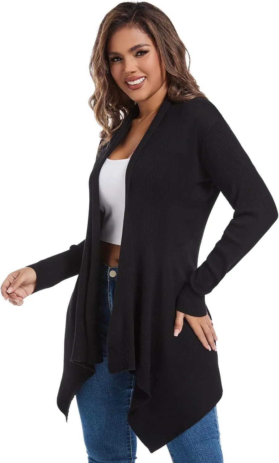 Women's Draped Open Front Cardigan, Soft Ribbed Knit Long Sleeve Irregular Hem All-Season Outerwear