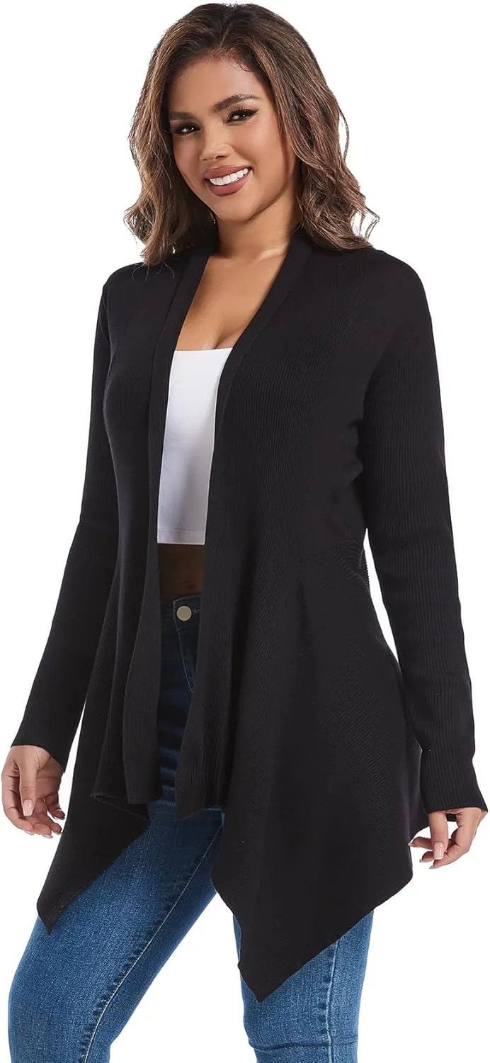 Women's Draped Open Front Cardigan, Soft Ribbed Knit Long Sleeve Irregular Hem All-Season Outerwear
