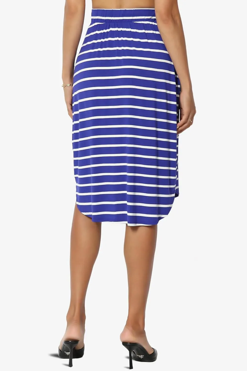 Women's Drawstring Elastic Waist Dolphin Hem Stretch Jersey Pocket Midi Skirt