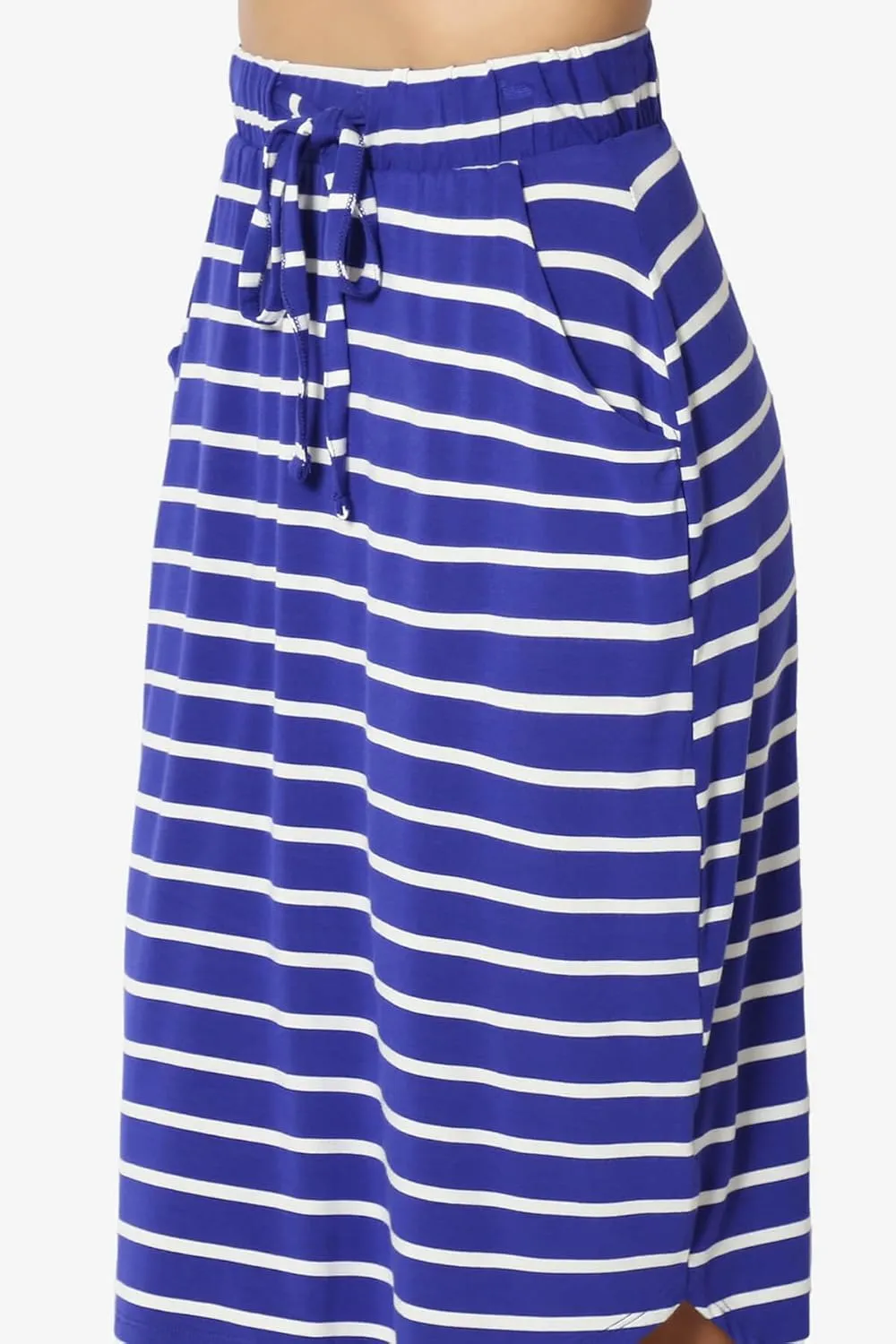 Women's Drawstring Elastic Waist Dolphin Hem Stretch Jersey Pocket Midi Skirt