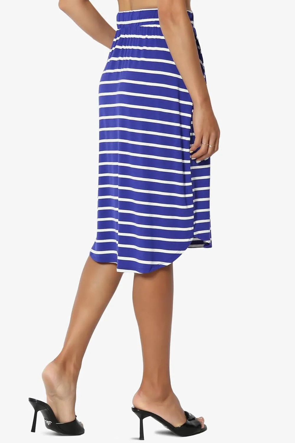 Women's Drawstring Elastic Waist Dolphin Hem Stretch Jersey Pocket Midi Skirt