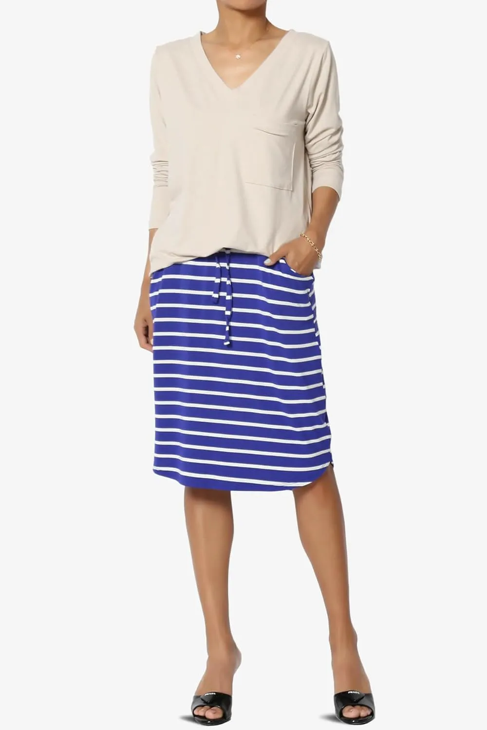 Women's Drawstring Elastic Waist Dolphin Hem Stretch Jersey Pocket Midi Skirt