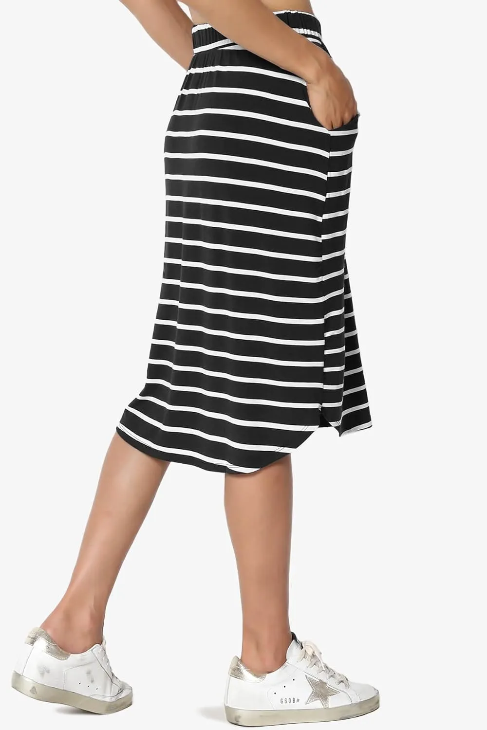 Women's Drawstring Elastic Waist Dolphin Hem Stretch Jersey Pocket Midi Skirt