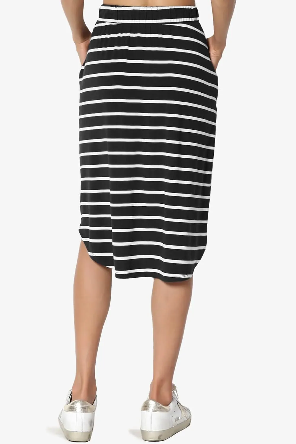 Women's Drawstring Elastic Waist Dolphin Hem Stretch Jersey Pocket Midi Skirt