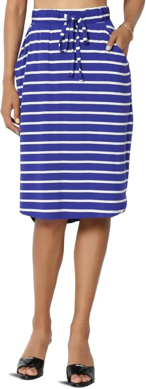 Women's Drawstring Elastic Waist Dolphin Hem Stretch Jersey Pocket Midi Skirt