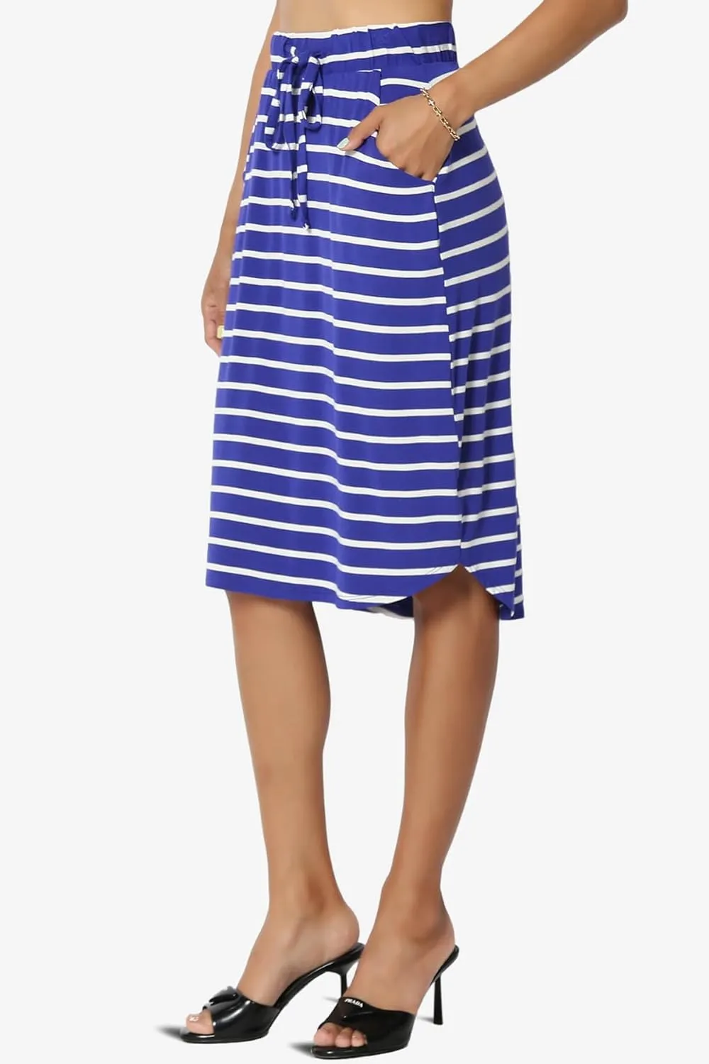 Women's Drawstring Elastic Waist Dolphin Hem Stretch Jersey Pocket Midi Skirt