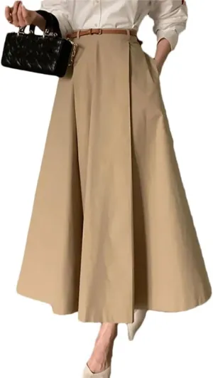 Womens Office A Line Skirt High Waist Belted Pleated Midi Dress All Season Work Slim Fit Skirts