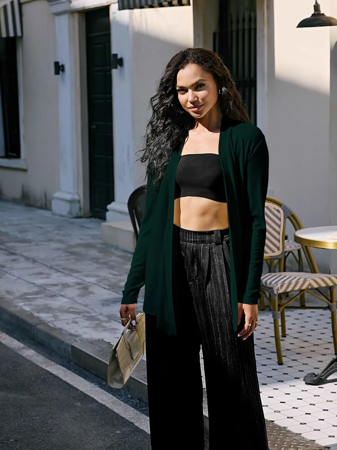 Womens Open Front Cardigan Sweater, Long, Lightweight, and Versatile Green & Black Cardigans for Women