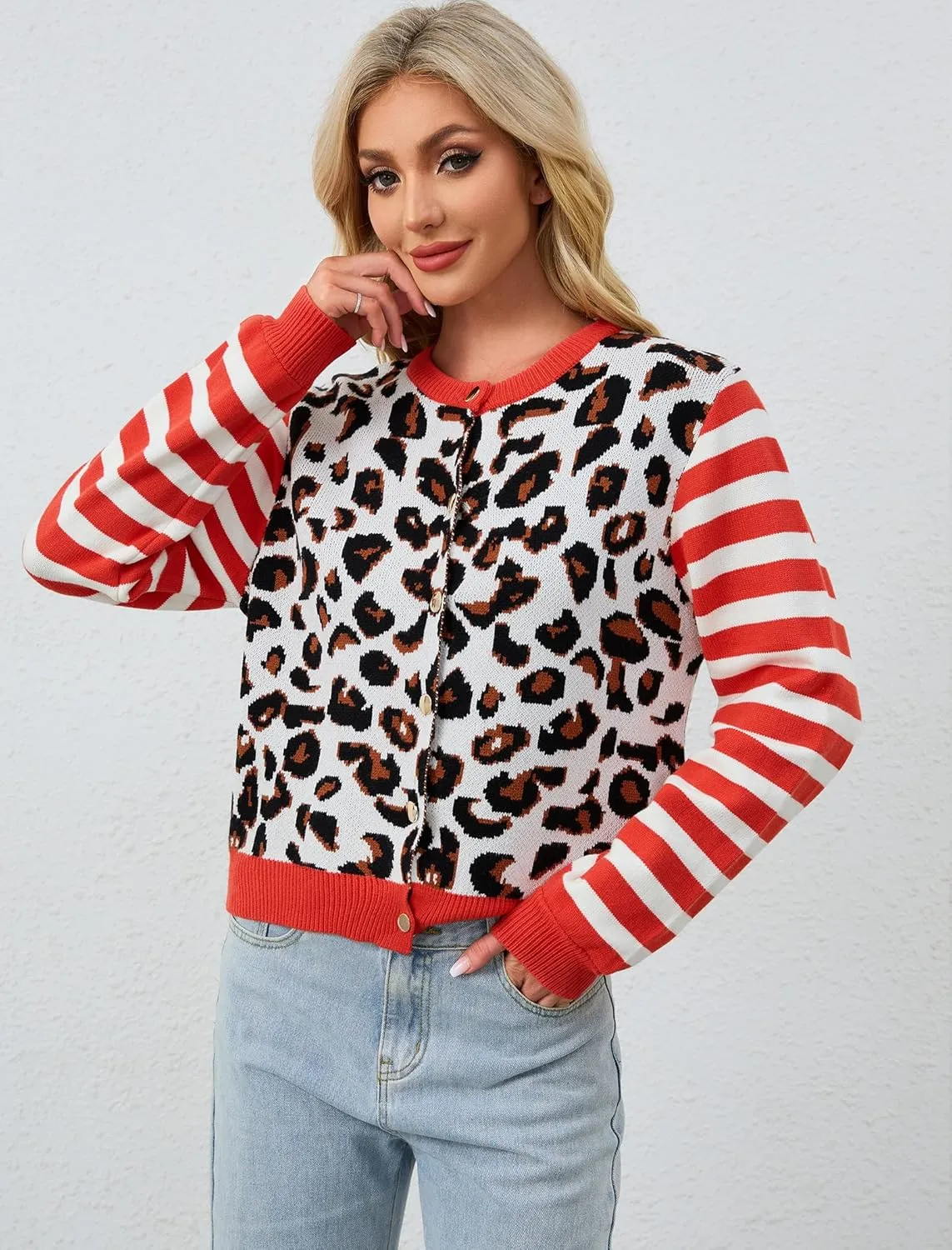 Women's Striped Leopard Cardigan Button Down Knit Animal Cheetah Printed Color Block Sweaters Tops Fall Outfits