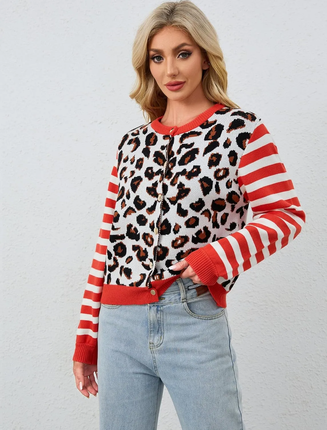 Women's Striped Leopard Cardigan Button Down Knit Animal Cheetah Printed Color Block Sweaters Tops Fall Outfits