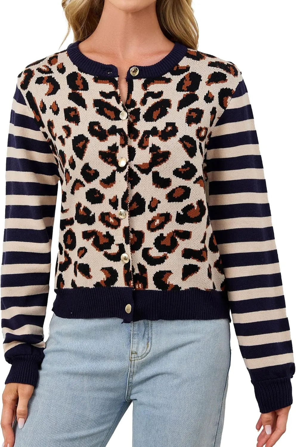 Women's Striped Leopard Cardigan Button Down Knit Animal Cheetah Printed Color Block Sweaters Tops Fall Outfits