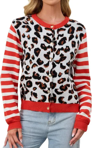 Women's Striped Leopard Cardigan Button Down Knit Animal Cheetah Printed Color Block Sweaters Tops Fall Outfits