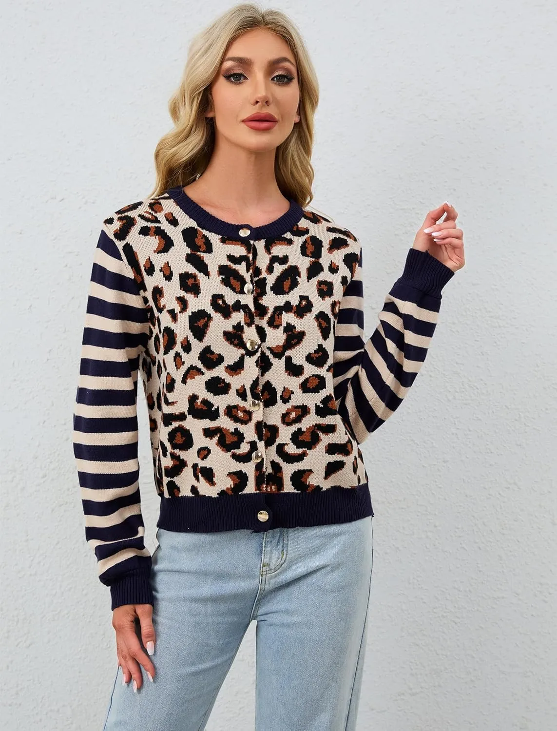 Women's Striped Leopard Cardigan Button Down Knit Animal Cheetah Printed Color Block Sweaters Tops Fall Outfits