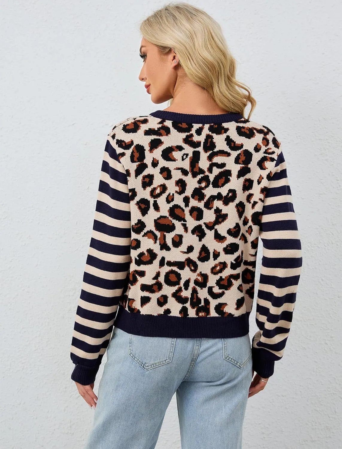 Women's Striped Leopard Cardigan Button Down Knit Animal Cheetah Printed Color Block Sweaters Tops Fall Outfits
