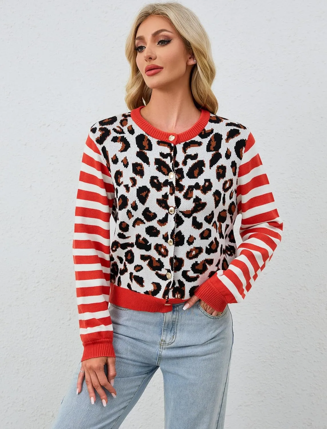 Women's Striped Leopard Cardigan Button Down Knit Animal Cheetah Printed Color Block Sweaters Tops Fall Outfits