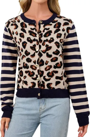 Women's Striped Leopard Cardigan Button Down Knit Animal Cheetah Printed Color Block Sweaters Tops Fall Outfits