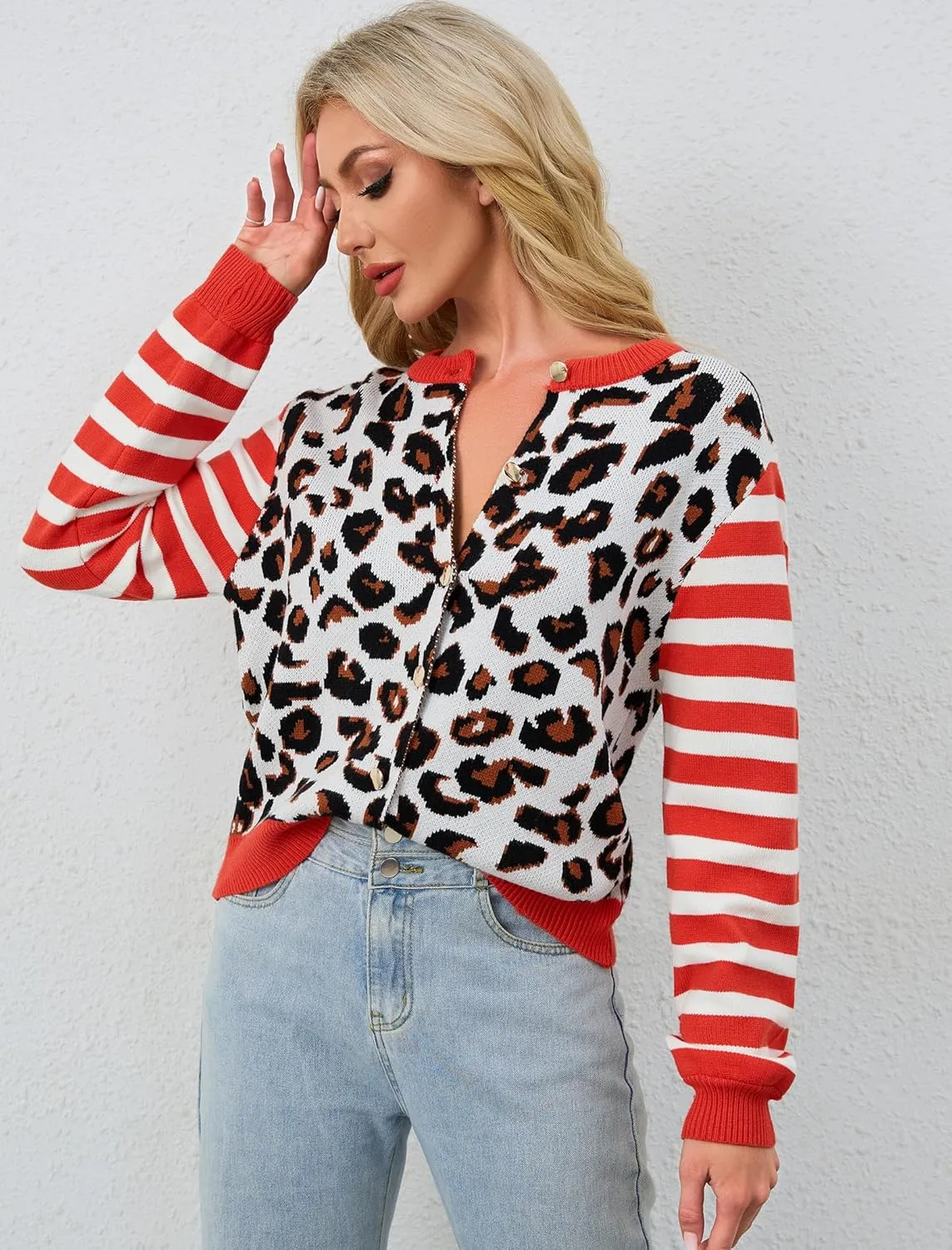 Women's Striped Leopard Cardigan Button Down Knit Animal Cheetah Printed Color Block Sweaters Tops Fall Outfits