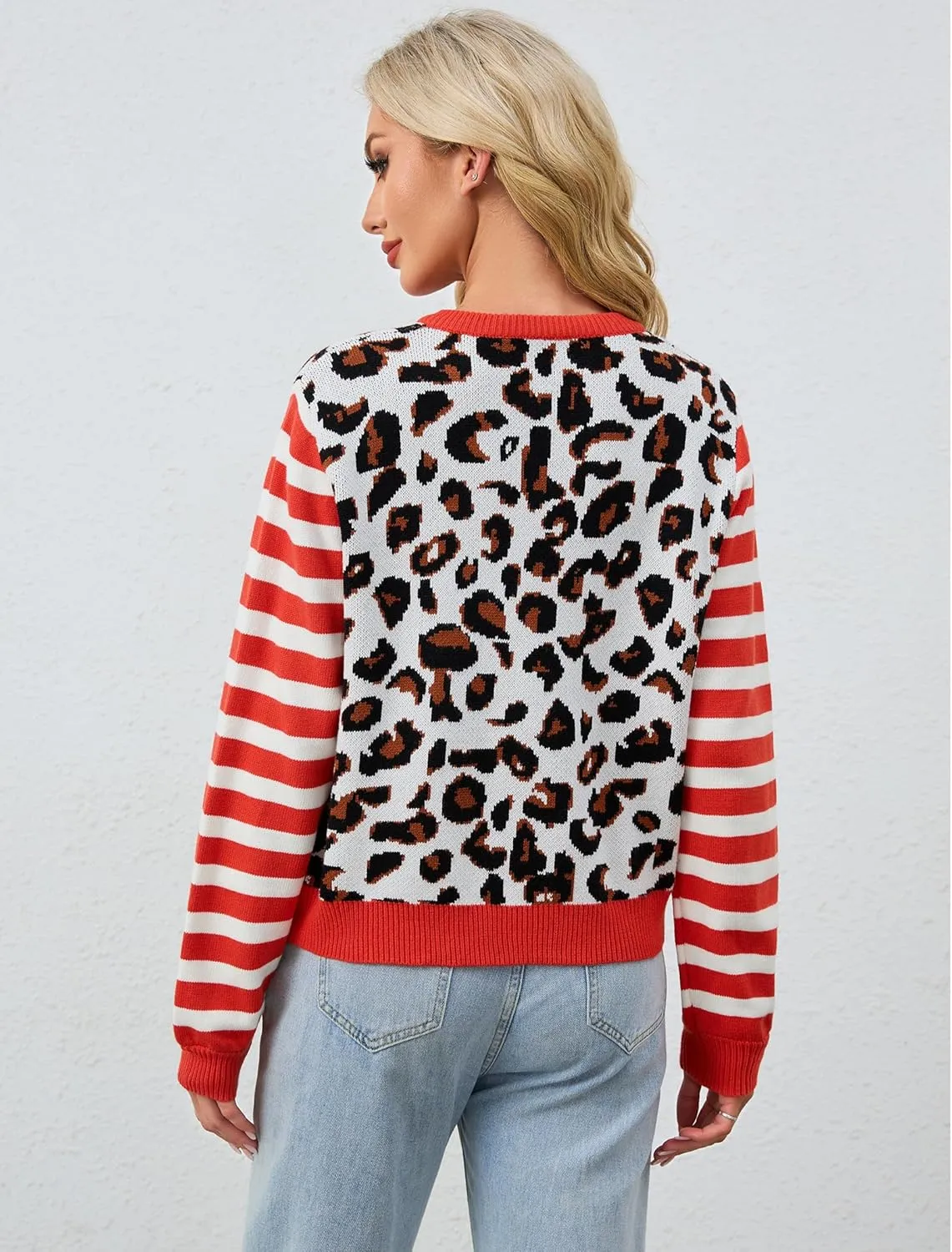 Women's Striped Leopard Cardigan Button Down Knit Animal Cheetah Printed Color Block Sweaters Tops Fall Outfits
