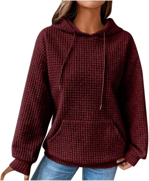 Women's Sweatshirt Casual Waffle Hoodies Drawstring Hooded Tops with Pockets Comfort Long Sleeve Pullover Hoodies