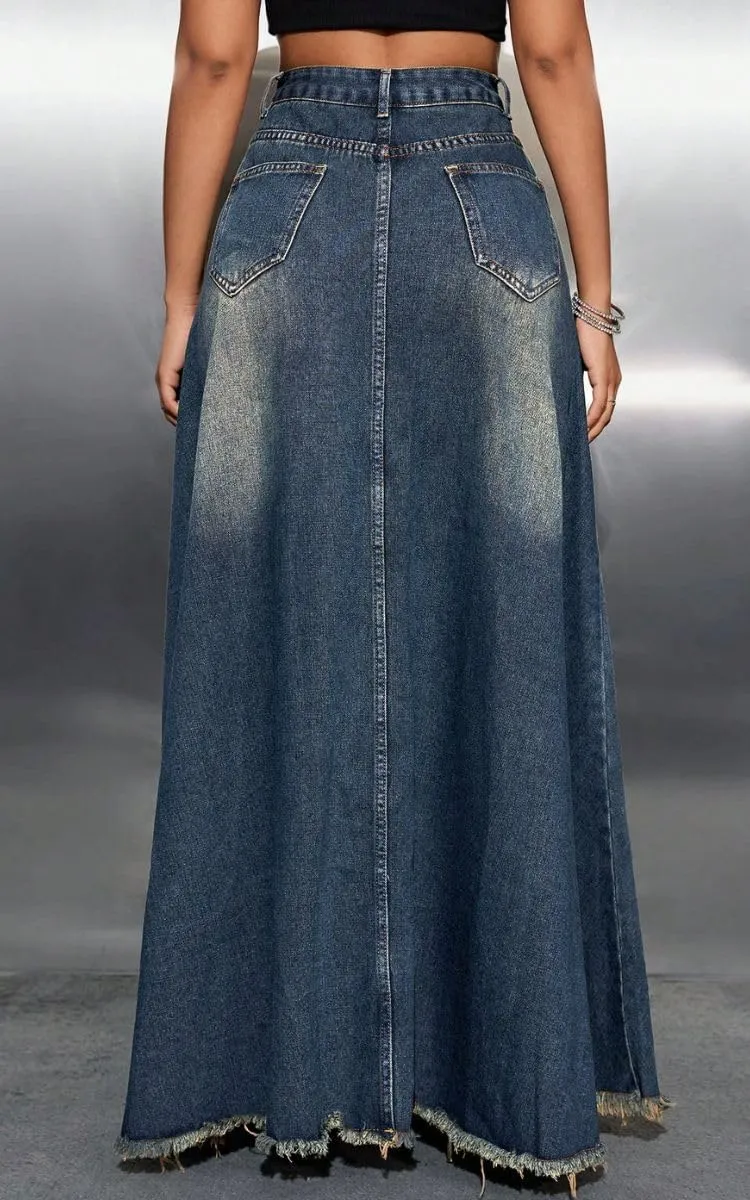 Women's Vintage Full Length Denim Skirts High Waisted Frayed Raw Hem Flared A Line Maxi Long Jean Skirts