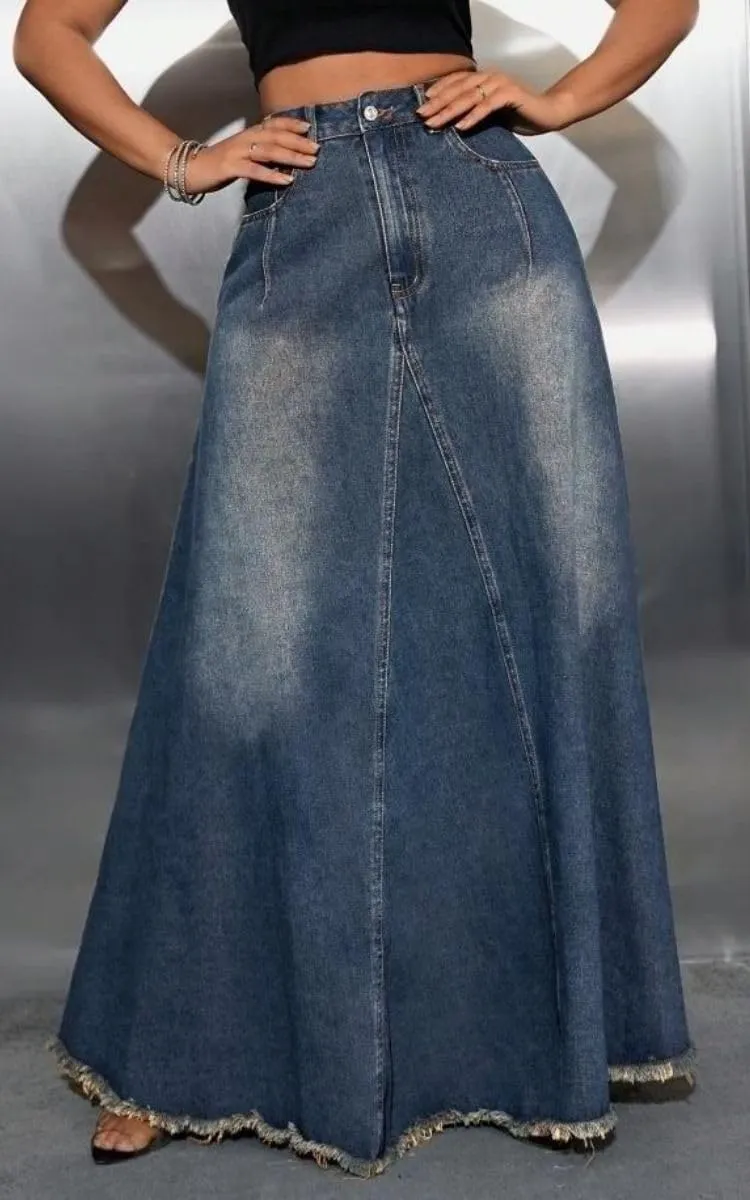Women's Vintage Full Length Denim Skirts High Waisted Frayed Raw Hem Flared A Line Maxi Long Jean Skirts