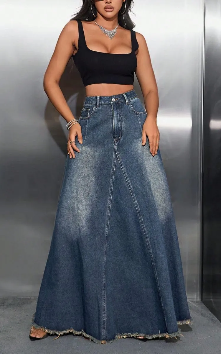 Women's Vintage Full Length Denim Skirts High Waisted Frayed Raw Hem Flared A Line Maxi Long Jean Skirts