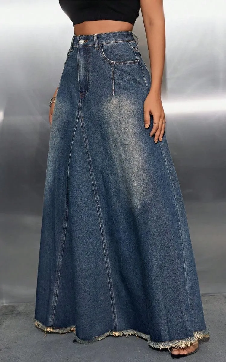 Women's Vintage Full Length Denim Skirts High Waisted Frayed Raw Hem Flared A Line Maxi Long Jean Skirts
