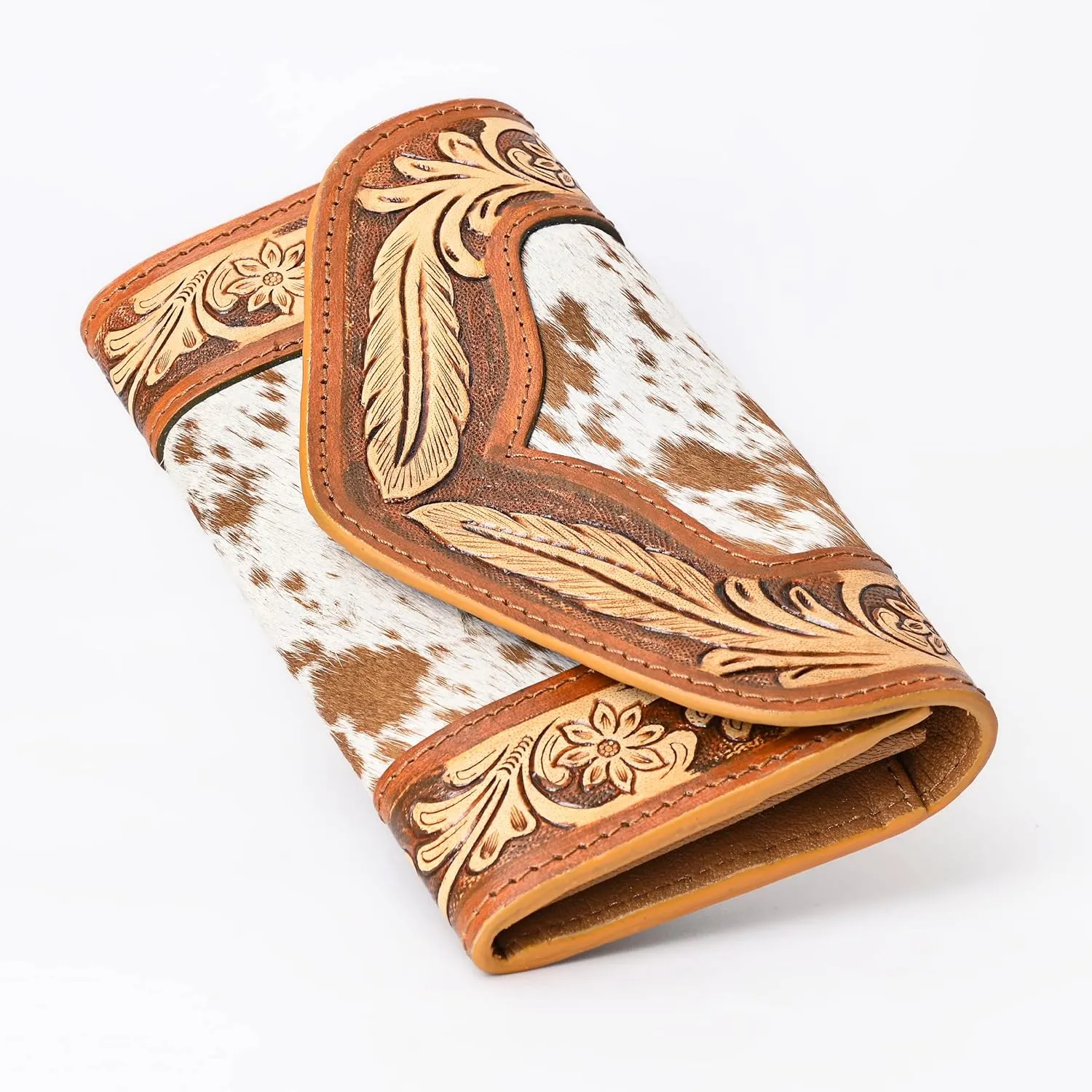 Women's Western Leather Rustic Rose Boohoo Buckaroo Trifold Handmade Hand Wallet - Stylish and Functional Cowhide Clutch