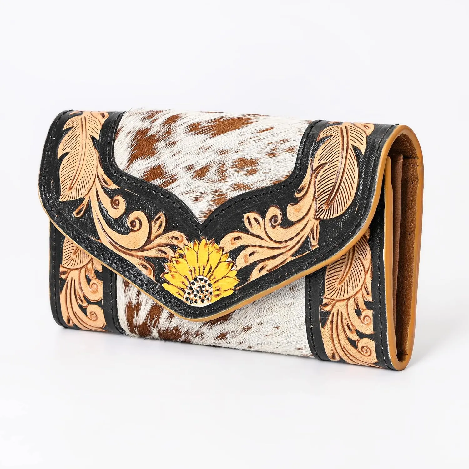 Women's Western Leather Rustic Rose Boohoo Buckaroo Trifold Handmade Hand Wallet - Stylish and Functional Cowhide Clutch