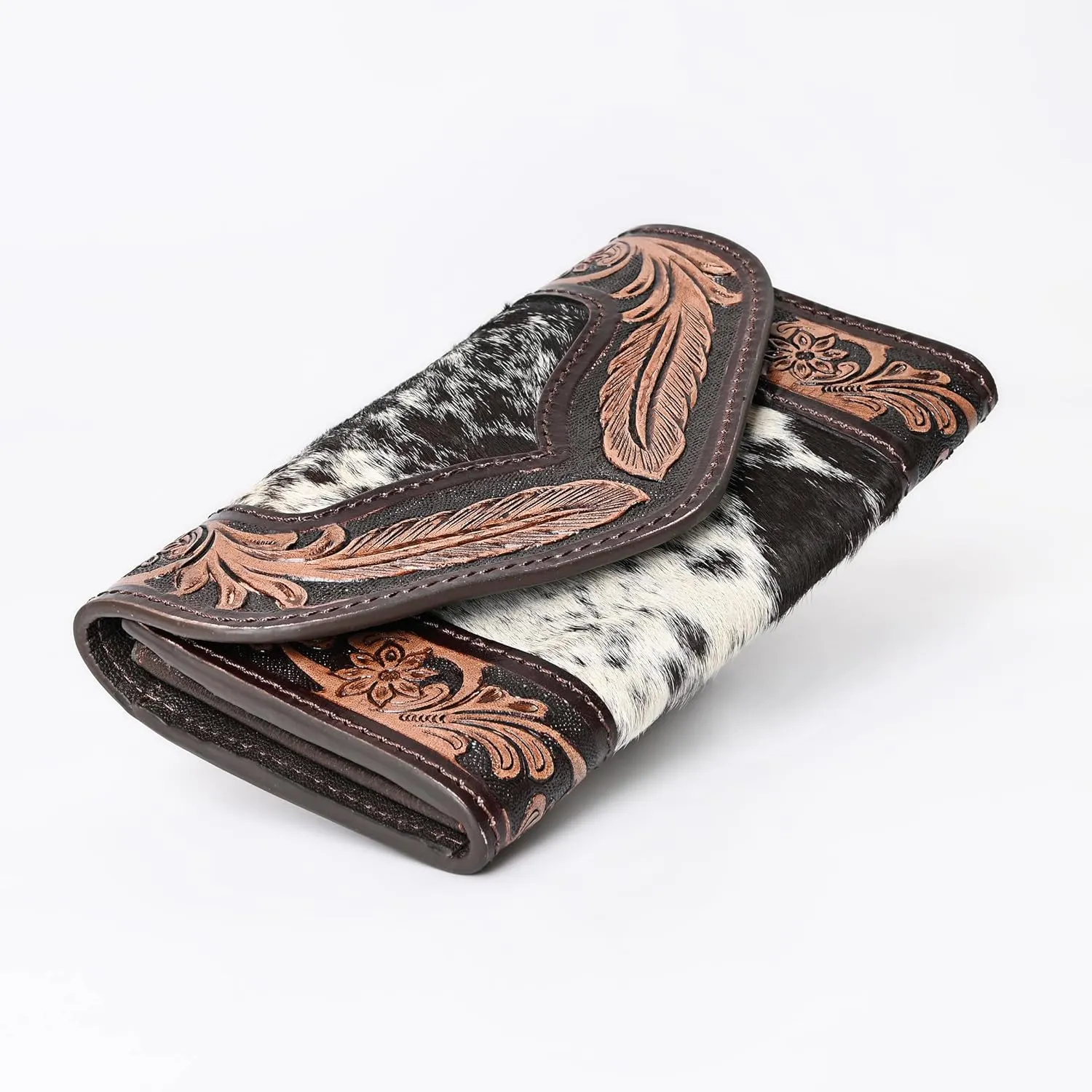 Women's Western Leather Rustic Rose Boohoo Buckaroo Trifold Handmade Hand Wallet - Stylish and Functional Cowhide Clutch