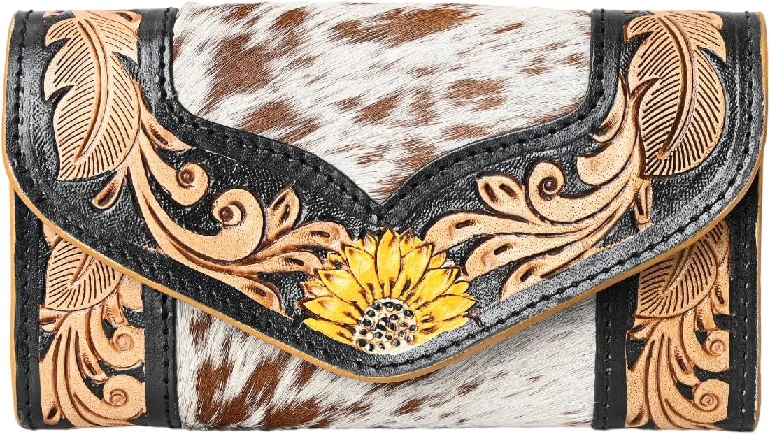 Women's Western Leather Rustic Rose Boohoo Buckaroo Trifold Handmade Hand Wallet - Stylish and Functional Cowhide Clutch