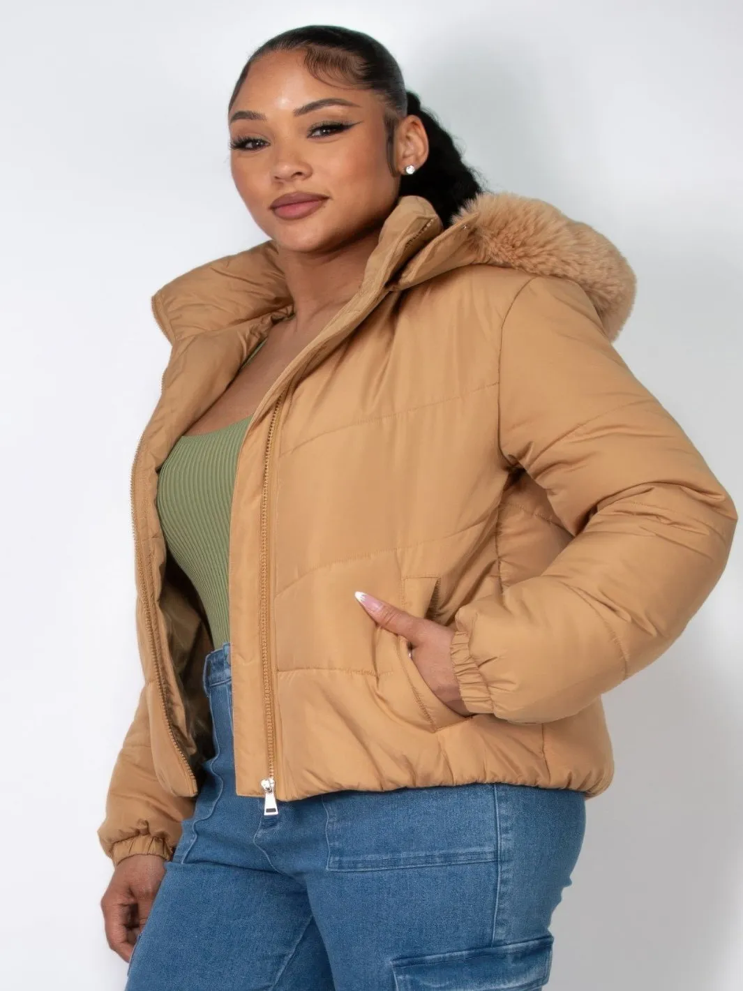 Women's Zip-up Faux Fur Hooded Jacket