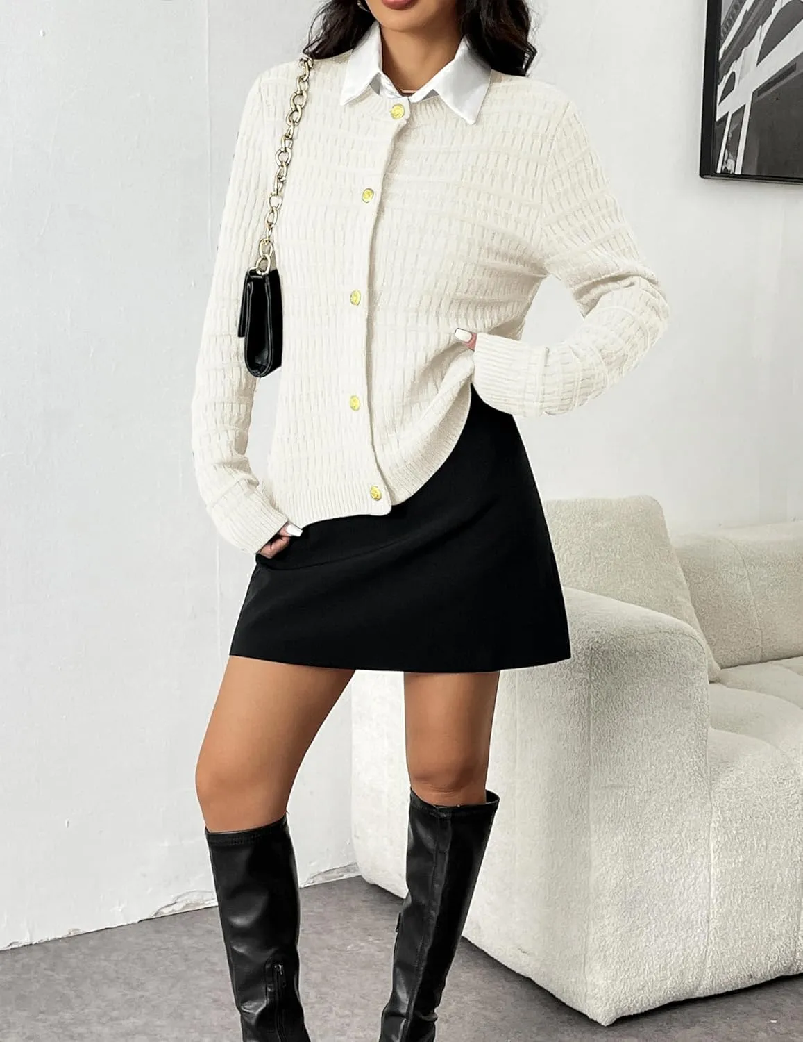 Zeagoo Women's 2025 Cardigan Sweaters Button Down Crew Neck Open Front Long Sleeve Knit Cropped Jackets