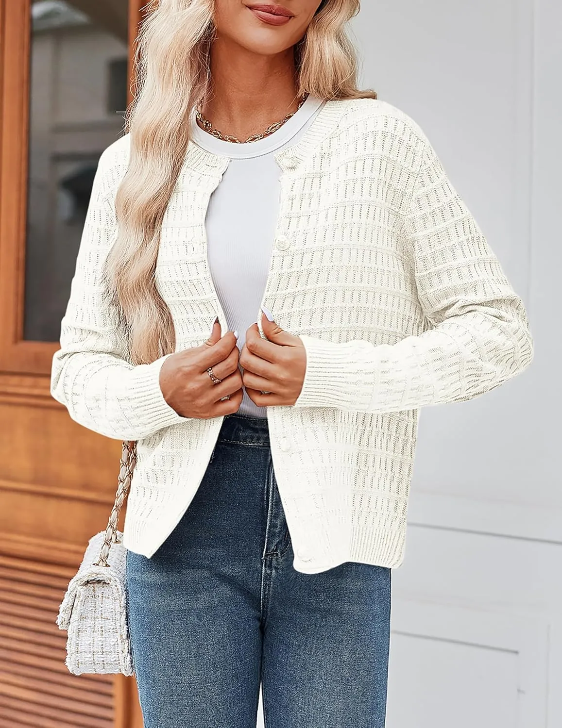 Zeagoo Women's 2025 Cardigan Sweaters Button Down Crew Neck Open Front Long Sleeve Knit Cropped Jackets